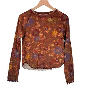 NATURAL LIFE Lily Long Sleeve Top Floral Orange Purple Lettuce Hem